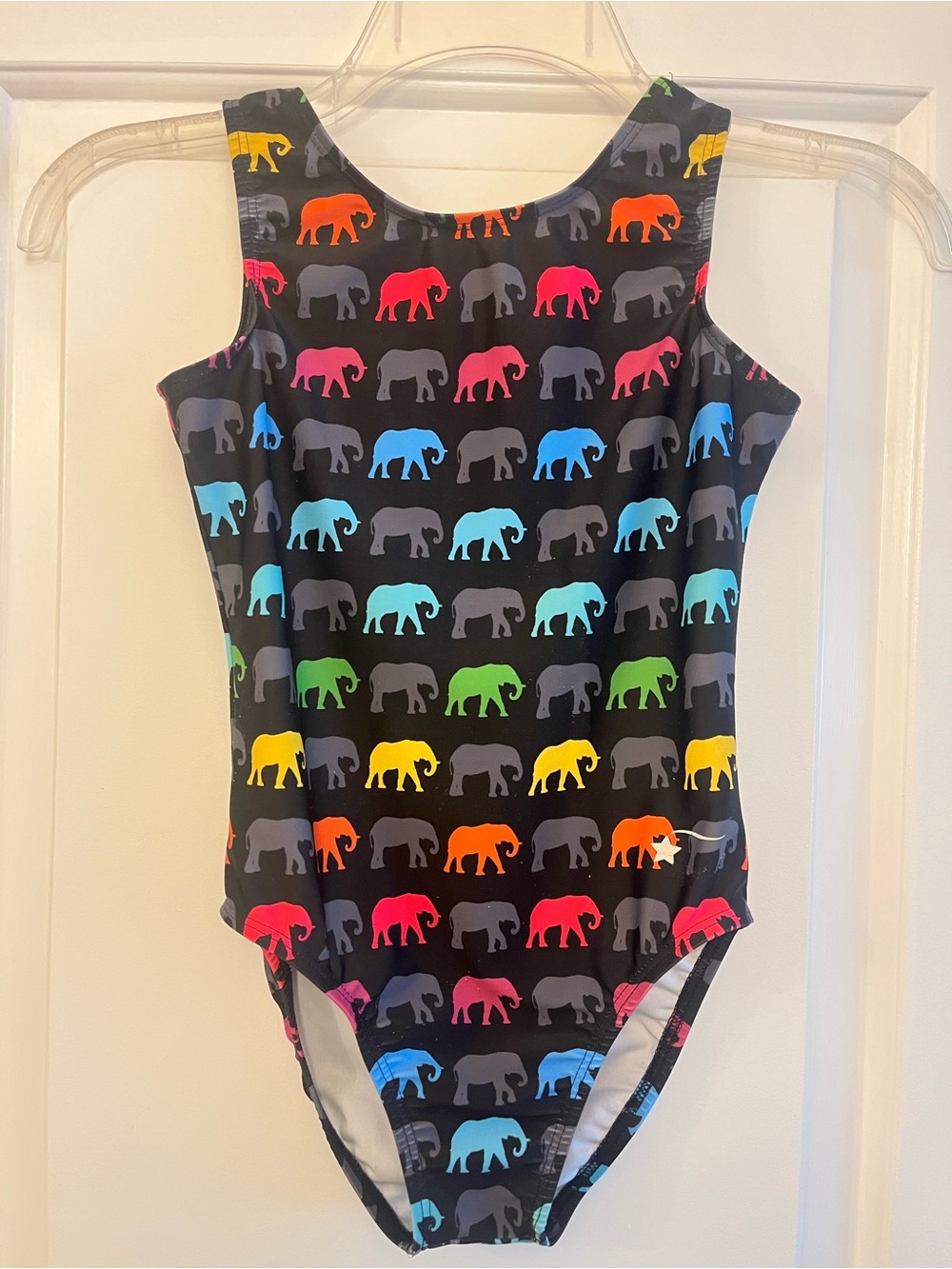 Destira Girls LC Large Gymnastics Leotard Black Rainbow Elephant Animal Print